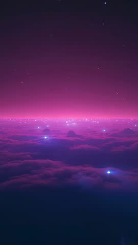 Vertical neon cloudscape pulsing with magenta horizon and drifting blue light orbs