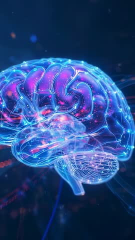 Pulsing 3D Brain Glowing and Streaming Data Visuals for Neuroscience and AI