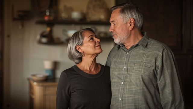 Senior couple gazing affectionately in cozy kitchen embracing warm domestic moment
