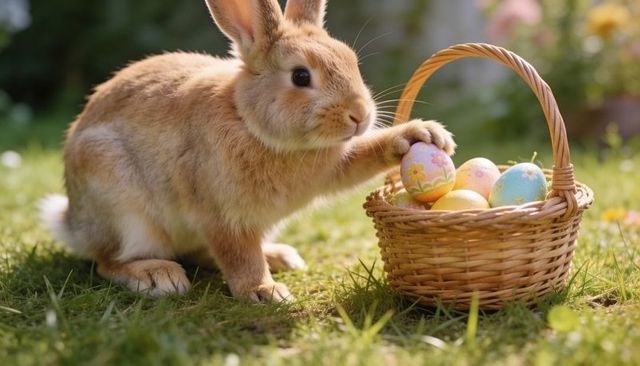 Curious brown bunny pawing wicker basket of pastel easter eggs on sunny spring grass