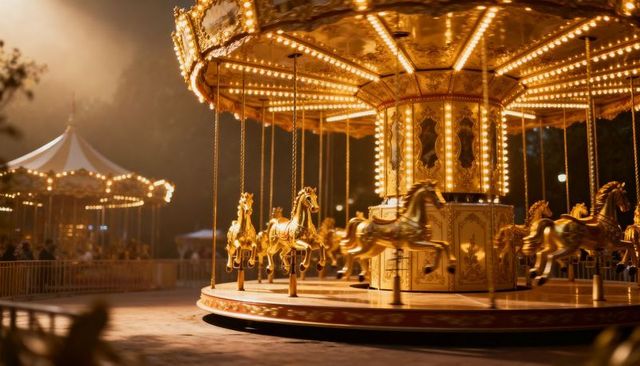 Golden carousel spinning at twilight with gilded horses and warm bulb lights