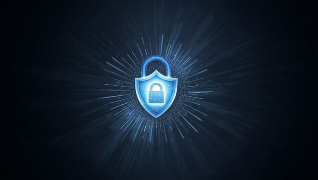 Shield emblem radiates in digital binary with light rays and cyber security focus