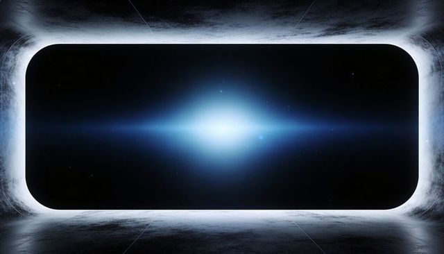Oval space portal framing radiant blue-white light with sleek reflective metallic interior