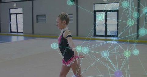 Young gymnast balancing with futuristic network overlay