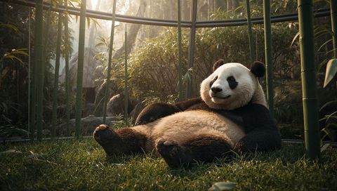 Reclining giant panda lounging in sunlit bamboo enclosure at wildlife sanctuary