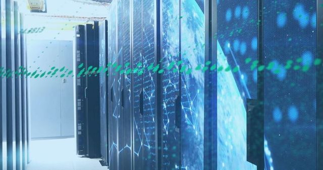 Futuristic data center with digital overlay and floating code