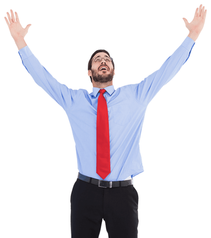 Transparent Elated Businessman Celebrating Success with Raised Arms