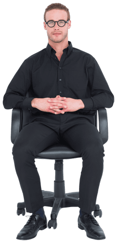 Stern Businessman Sitting on Office Chair with Transparent Background