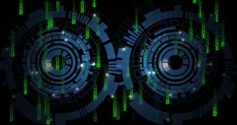 Twin Futuristic Circular HUDs with Falling Green Binary Streams for Cybersecurity