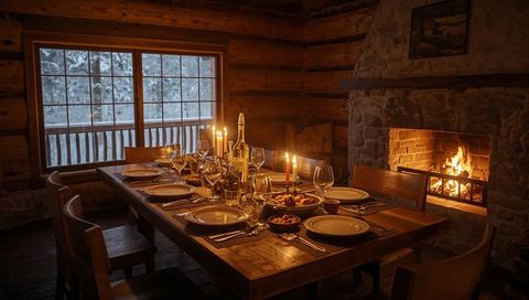 Cozy candlelit rustic dinner table in log cabin with roaring fireplace and snowy window