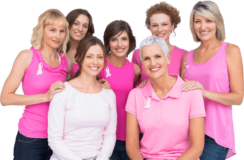 Smiling Women Supporting Breast Cancer Awareness in Pink