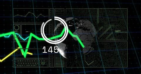 Futuristic data dashboard showing neon green spike and circular gauge reading 145