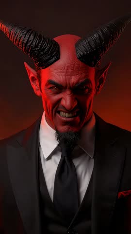 Recording Starting Red Horned Demon Posing in Suit with Red Pocket Square Vertical Video