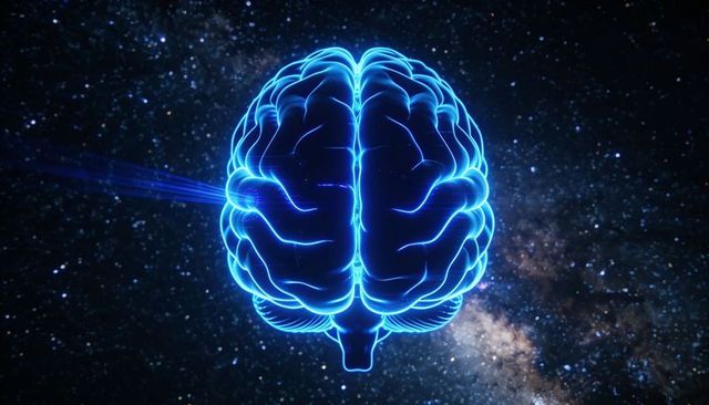 Neon Brain Hologram Floating Over Milky Way Symbolizing Neural Networks, AI Intelligence