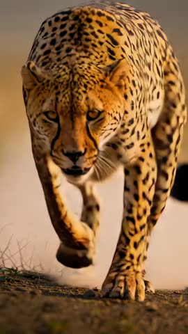 Vertical wildlife footage of cheetah charging across dusty savanna toward camera