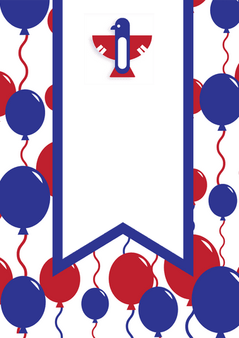 Digital card illustration featuring red and blue balloons alongside a stylized eagle icon on a transparent background. Ideal for use in patriotic celebrations, festive occasions, or as an eye-catching overlay in design projects. Perfect template for customizing invitations, greeting cards, or digital ads reiterating themes of celebration and patriotism.