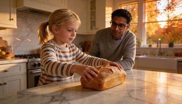 Child reaching for fresh loaf on marble kitchen island with parent watching at sunset