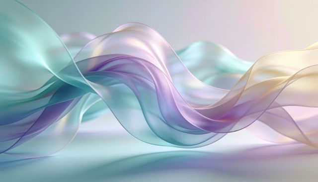 Silken translucent ribbons flowing and twisting in pastel gradient with glossy reflections