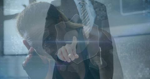 Businesswoman Engaging with Holographic Cybersecurity Interface