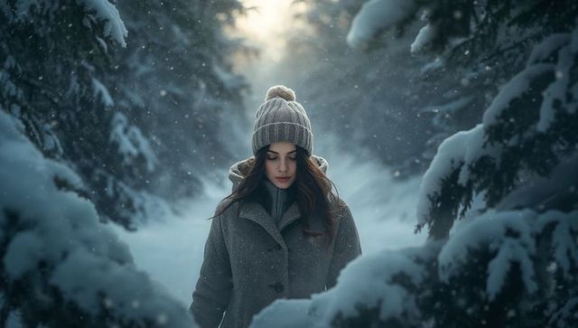 Woman walking through snow-covered forest wearing knit pom-pom beanie and wool coat