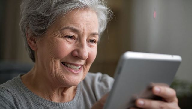 Senior Asian Woman Engaging with Digital Tablet at Home