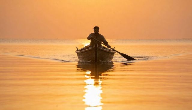 Fisherman rowing wooden boat at golden sunset, calm lake reflection and solitude