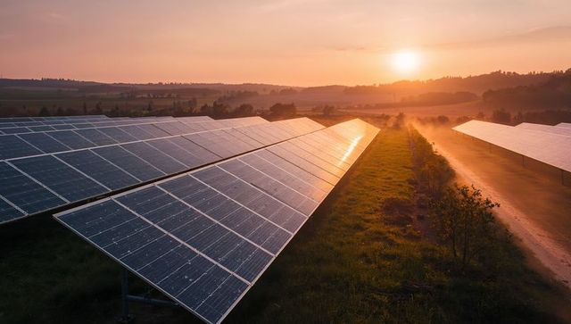 Solar panels reflecting sun at sunset on rural farm