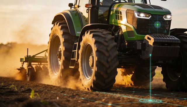 Autonomous tractor performing gps-guided precision ploughing with digital grid at sunset