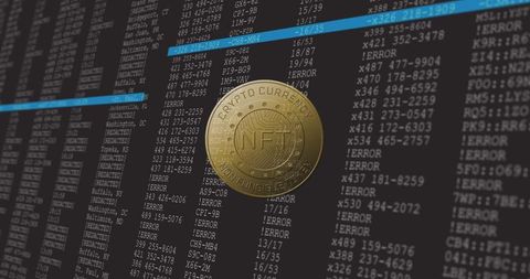 Floating gold NFT token over terminal displaying ERROR ledger with cyan highlights