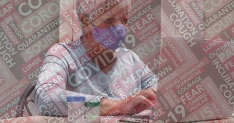 Senior Woman in Mask Navigating COVID-19 Digital World at Home