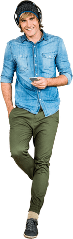 Trendy Young Hipster Smiling Wearing Headphones and Denim Shirt Transparent