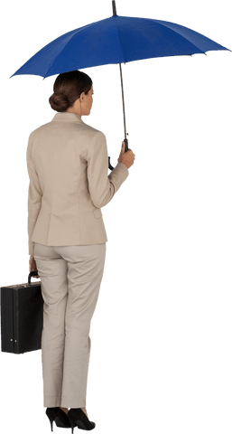 Businesswoman with briefcase holding blue umbrella transparent