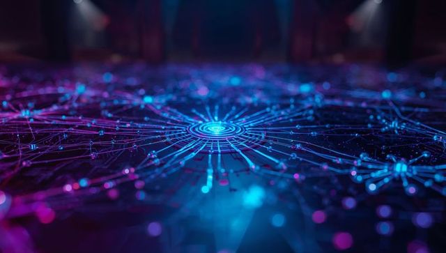 Glowing Central Hub Radiates Across Futuristic Neon Network Grid