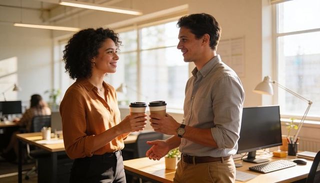 Colleagues sharing coffee and conversation in sunlit open office during workday