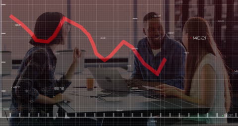 Diverse Colleagues Discussing Business Strategies Overlapping Financial Graph