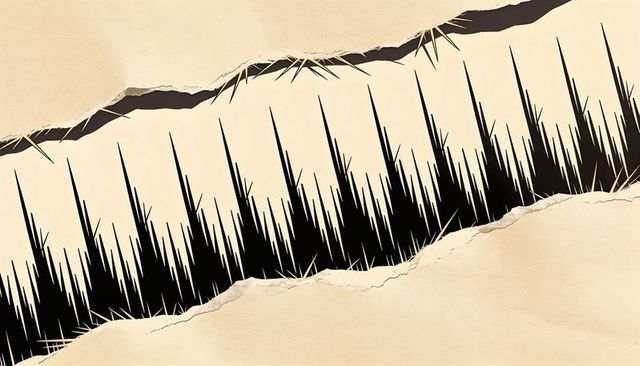 Torn paper reveal jagged black spikes frayed fibers beige layered collage abstract texture