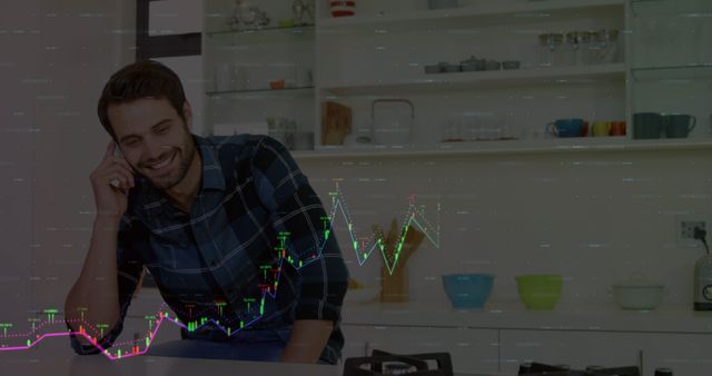 Happy man analyzing stock market in kitchen - Download Free Stock Images Pikwizard.com