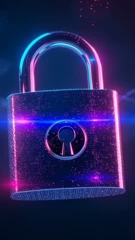 Neon Rotating Padlock Vertical Animation for Cybersecurity with Cyan Magenta Rim Light
