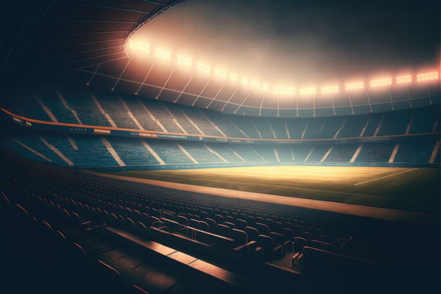 Dimly lit football stadium at night with floodlights on, empty seats visible. Captures quiet, serene atmosphere of sports venue at night. Ideal for use in sports-themed articles, event promotions, or as a background image for football related graphics.