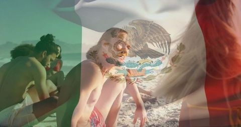 Beach Vacation Friends with Mexico Flag Overlay