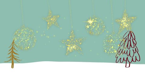 Festive Gold Christmas Baubles and Stars on a Snowy Scene