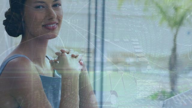 Woman smiles confidently in office as digital data overlays highlight business and technology themes. Use in business presentations, technology content, or advertised emotional intelligence in workplace.