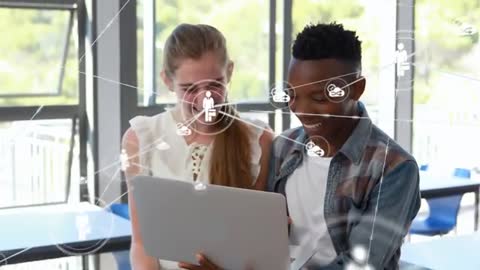 Students Collaborating on Laptop with Digital Network Overlay