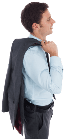 Smiling Businessman Holding Jacket in Relaxed Pose on Transparent Background