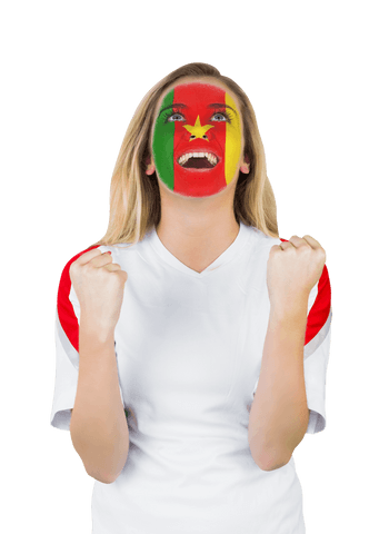 Transparent Excited Fan Cheering with Cameroon Flag Face Paint
