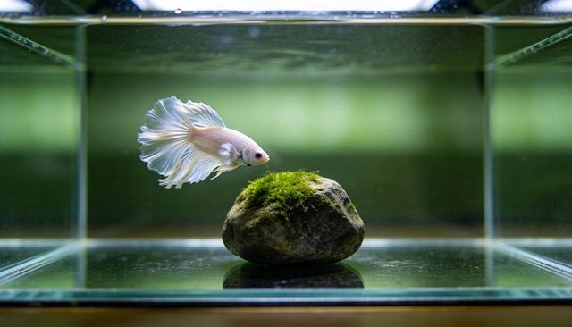 Pale longfin betta swimming above mossy rock in minimalist glass aquarium under soft light