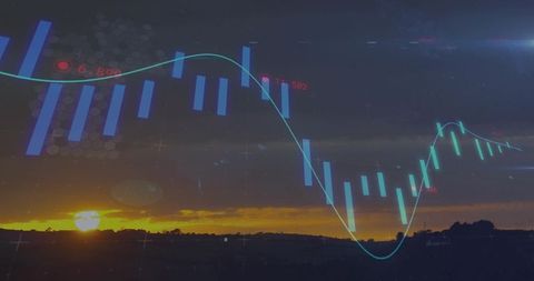 Sunset Market Visualization: Candlestick Chart and Smooth Line Overlay on Rural Horizon
