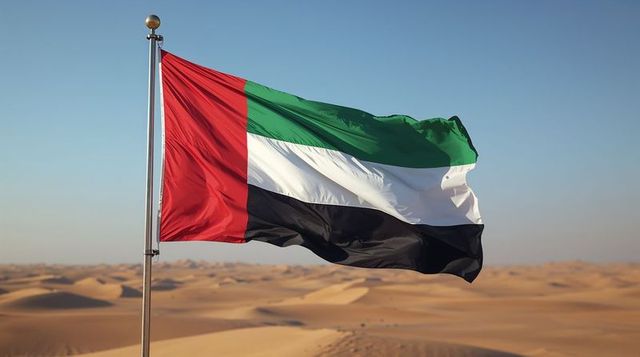 Waving united arab emirates flag over vast golden desert dunes under clear blue sky