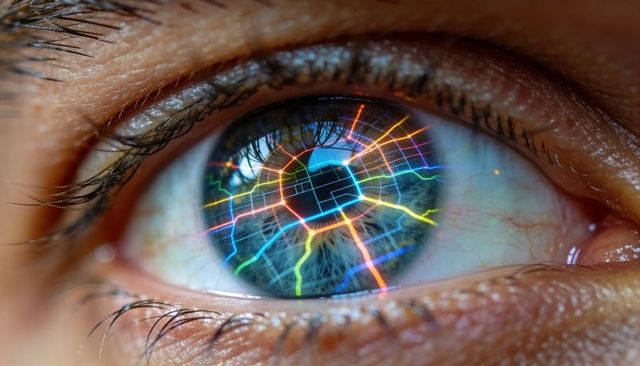 Neon circuit grid reflecting in human iris close-up for futuristic biometric vision concept