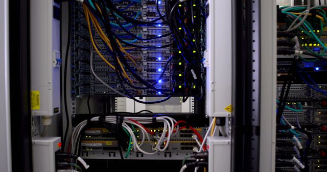 Closeup view of network server racks located in modern data center, showing various cables and blinking lights. Useful for illustrating technology, IT infrastructure, internet connectivity, data management, and hardware systems. Suitable for use in technology magazines, IT company websites, and educational materials.